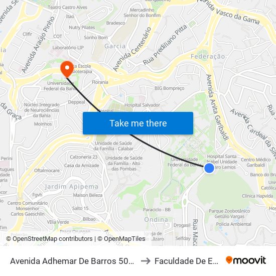 Avenida Adhemar De Barros 500 - Ondina Salvador - Ba Brazil to Faculdade De Educação Da Ufba map