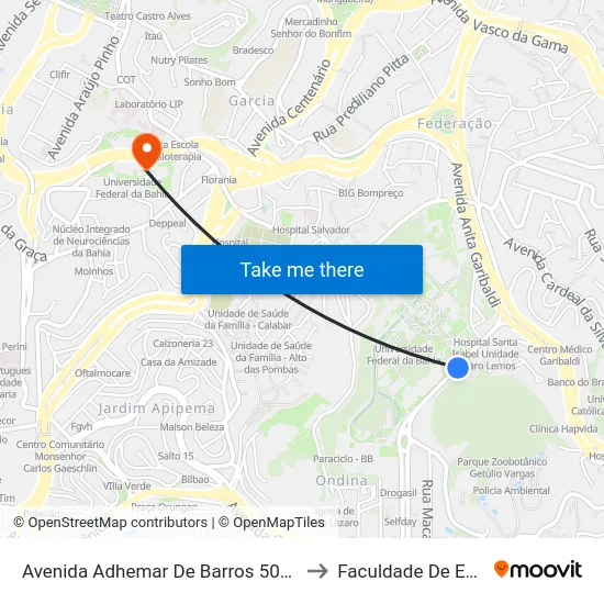 Avenida Adhemar De Barros 500 - Ondina Salvador - Ba Brazil to Faculdade De Educação Da Ufba map