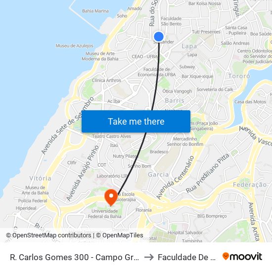 R. Carlos Gomes 300 - Campo Grande Salvador - Ba 40060-330 Brazil to Faculdade De Educação Da Ufba map