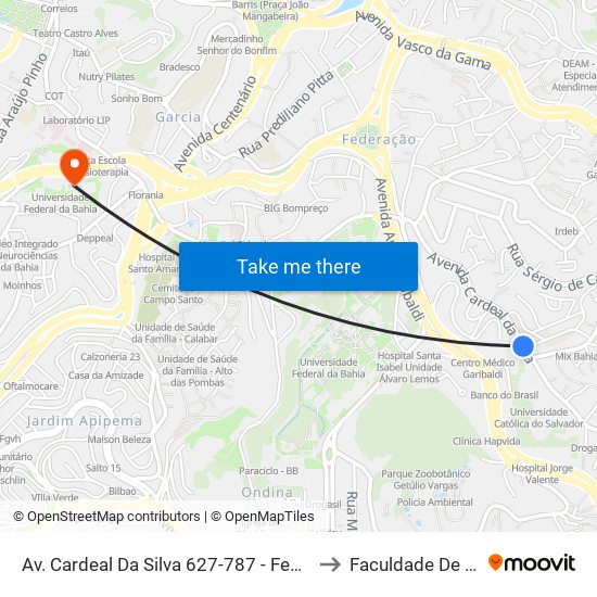 Av. Cardeal Da Silva 627-787 - Federação Salvador - Ba 40231-305 Brasil to Faculdade De Educação Da Ufba map