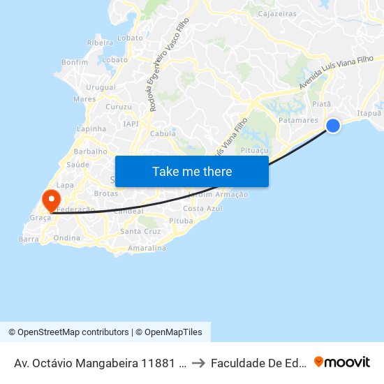 Av. Octávio Mangabeira 11881 - Piatã Salvador - Ba Brasil to Faculdade De Educação Da Ufba map