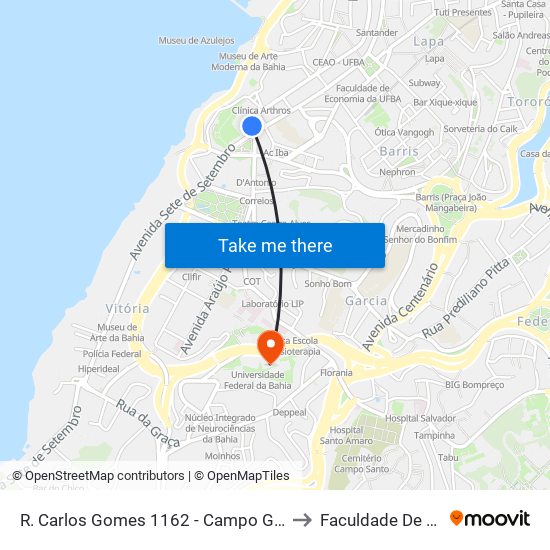 R. Carlos Gomes 1162 - Campo Grande Salvador - Ba 40060-330 Brazil to Faculdade De Educação Da Ufba map