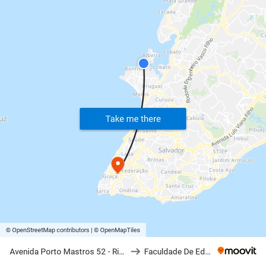 Avenida Porto Mastros 52 - Ribeira Salvador - Ba Brasil to Faculdade De Educação Da Ufba map