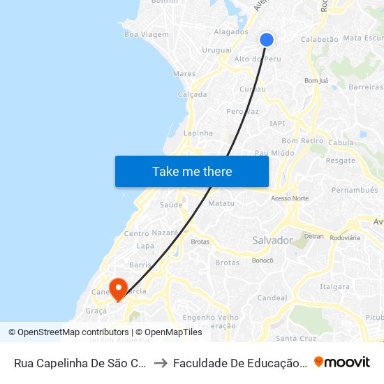 Rua Capelinha De São Caetano 1 to Faculdade De Educação Da Ufba map