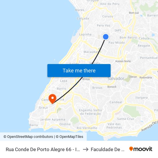 Rua Conde De Porto Alegre 66 - Iapi Salvador - Ba 40330-200 Brasil to Faculdade De Educação Da Ufba map