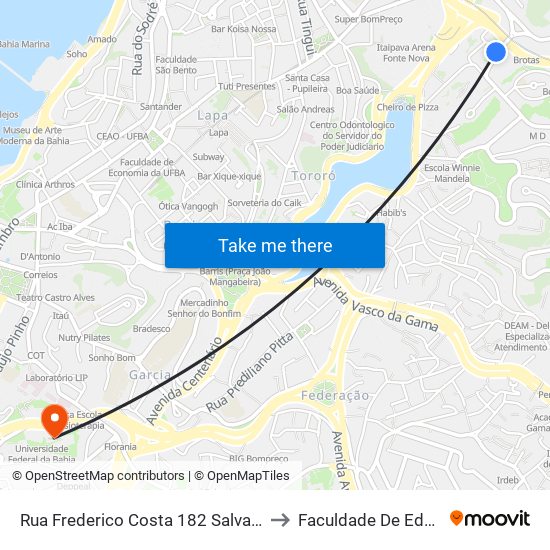 Rua Frederico Costa 182 Salvador - Bahia 40243 Brasil to Faculdade De Educação Da Ufba map