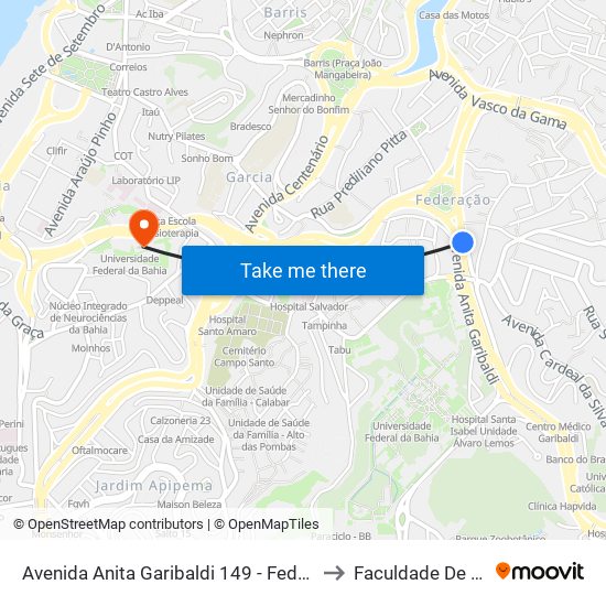 Avenida Anita Garibaldi 149 - Federação Salvador - Ba 40210-750 Brasil to Faculdade De Educação Da Ufba map