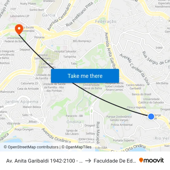 Av. Anita Garibaldi 1942-2100 - Ondina Salvador - Ba Brasil to Faculdade De Educação Da Ufba map
