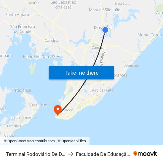 Terminal Rodoviário De Dias D'Avila to Faculdade De Educação Da Ufba map