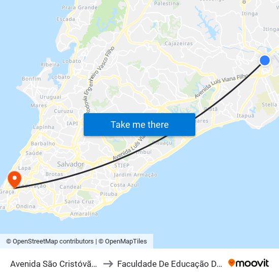 Avenida São Cristóvão 820 to Faculdade De Educação Da Ufba map