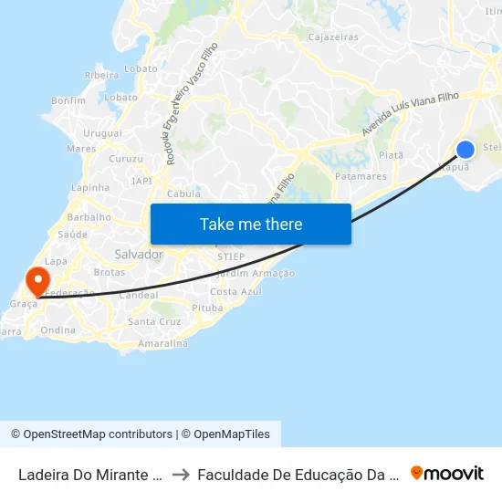 Ladeira Do Mirante 124 to Faculdade De Educação Da Ufba map