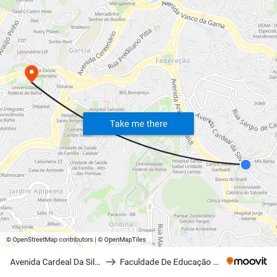 Avenida Cardeal Da Silva 190 to Faculdade De Educação Da Ufba map