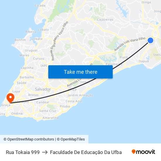 Rua Tokaia 999 to Faculdade De Educação Da Ufba map