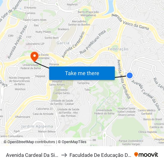 Avenida Cardeal Da Silva 26 to Faculdade De Educação Da Ufba map