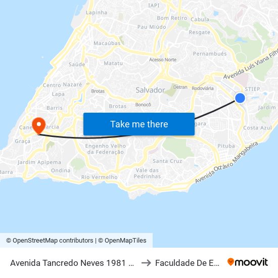 Avenida Tancredo Neves 1981 Salvador - Bahia 41770 Brasil to Faculdade De Educação Da Ufba map