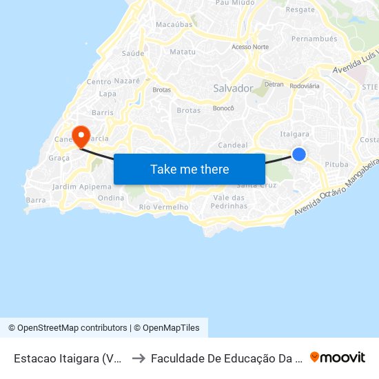 Estacao Itaigara (Volta) to Faculdade De Educação Da Ufba map