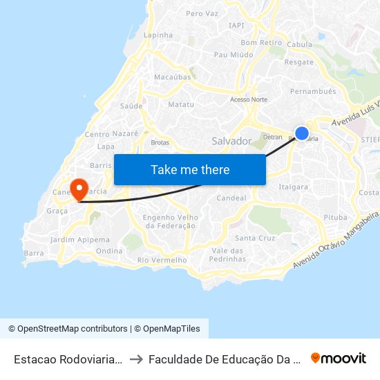 Estacao Rodoviaria Sul to Faculdade De Educação Da Ufba map