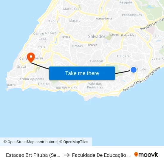 Estacao Brt Pituba (Sent. Rod) to Faculdade De Educação Da Ufba map
