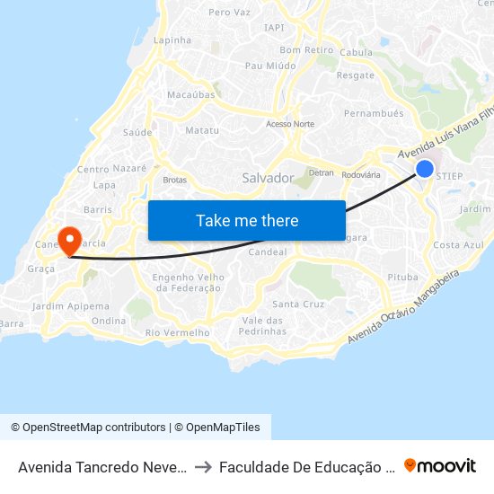 Avenida Tancredo Neves, 1335 to Faculdade De Educação Da Ufba map