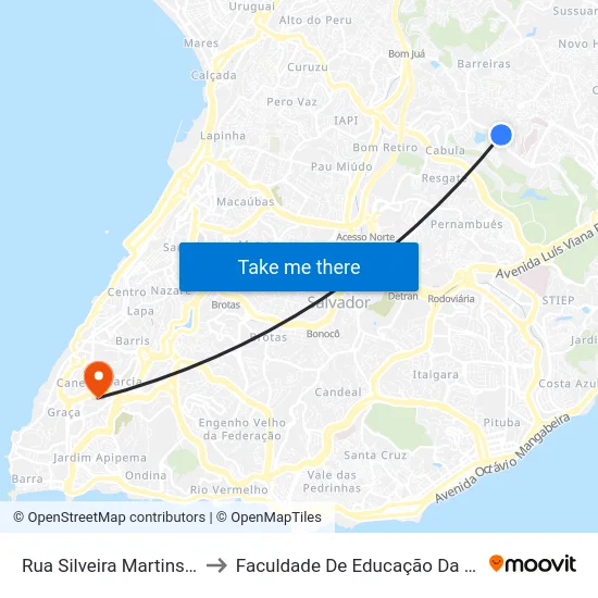 Rua Silveira Martins, 69 to Faculdade De Educação Da Ufba map