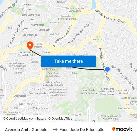 Avenida Anita Garibaldi, 1051 to Faculdade De Educação Da Ufba map