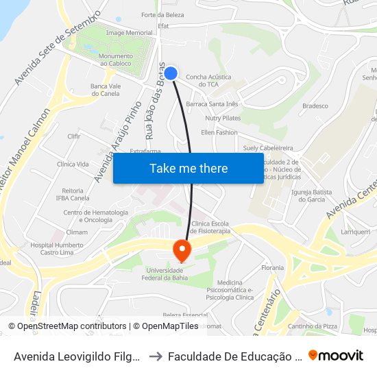Avenida Leovigildo Filgueiras, 1 to Faculdade De Educação Da Ufba map