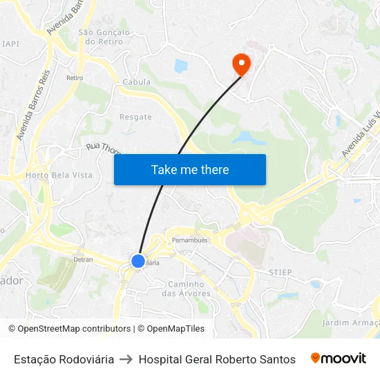 Estação Rodoviária to Hospital Geral Roberto Santos map