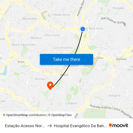 Estação Acesso Norte to Hospital Evangélico Da Bahia map