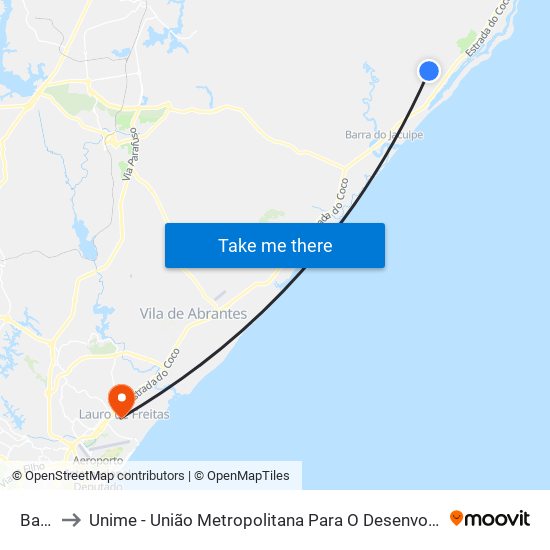 Ba-529 to Unime - União Metropolitana Para O Desenvolvimento Da Educação E Cultura map