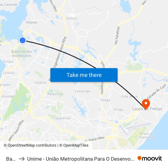 Ba-526 to Unime - União Metropolitana Para O Desenvolvimento Da Educação E Cultura map