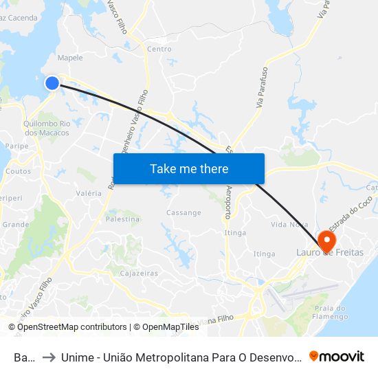 Ba-526 to Unime - União Metropolitana Para O Desenvolvimento Da Educação E Cultura map