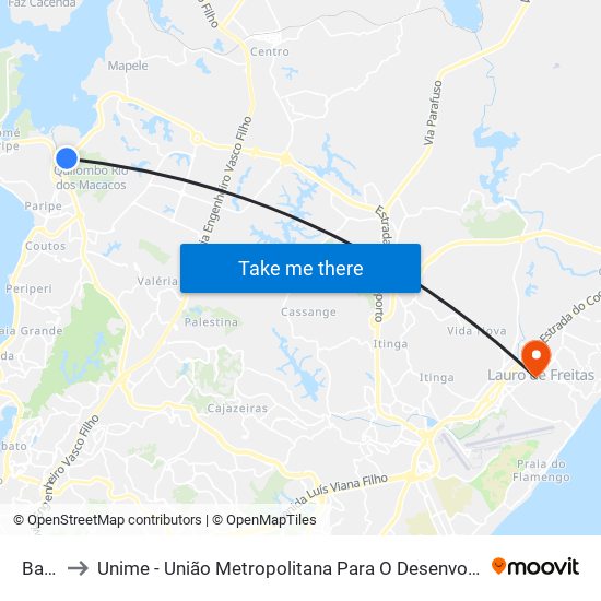 Ba-526 to Unime - União Metropolitana Para O Desenvolvimento Da Educação E Cultura map