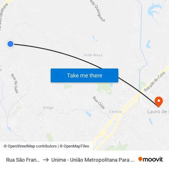 Rua São Francisco De Assis, 67 to Unime - União Metropolitana Para O Desenvolvimento Da Educação E Cultura map