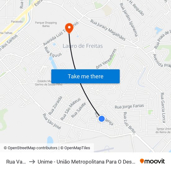 Rua Valença, 73 to Unime - União Metropolitana Para O Desenvolvimento Da Educação E Cultura map