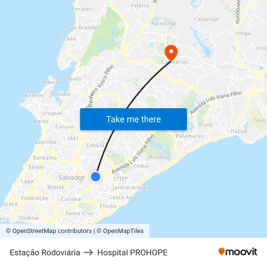 Estação Rodoviária to Hospital PROHOPE map