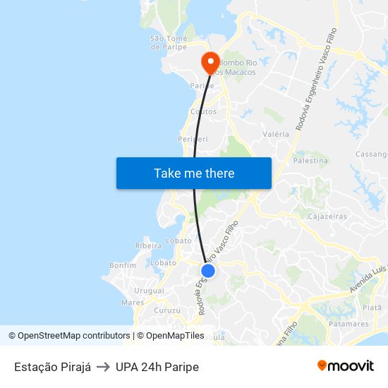 Estação Pirajá to UPA 24h Paripe map