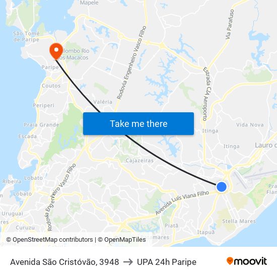 Avenida São Cristóvão, 3948 to UPA 24h Paripe map