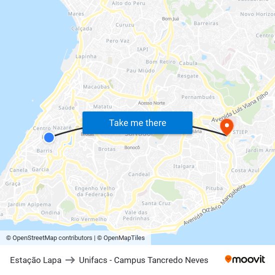 Estação Lapa to Unifacs - Campus Tancredo Neves map