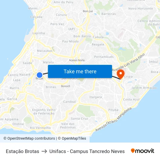 Estação Brotas to Unifacs - Campus Tancredo Neves map