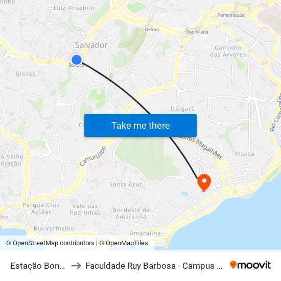 Estação Bonocô to Faculdade Ruy Barbosa - Campus Pituba map