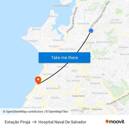 Estação Pirajá to Hospital Naval De Salvador map