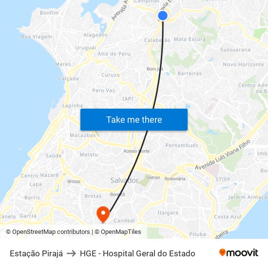 Estação Pirajá to HGE - Hospital Geral do Estado map