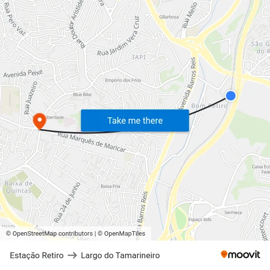Estação Retiro to Largo do Tamarineiro map
