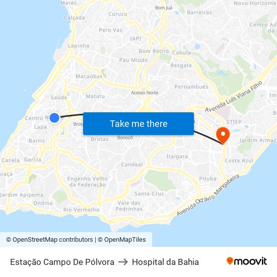 Estação Campo De Pólvora to Hospital da Bahia map