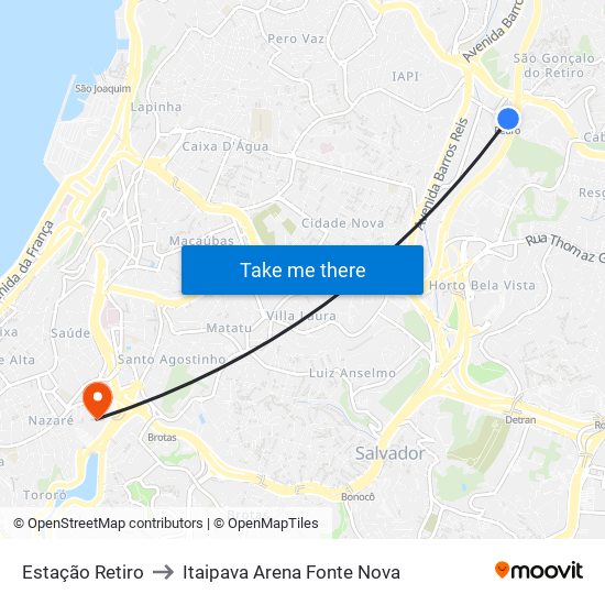 Estação Retiro to Itaipava Arena Fonte Nova map