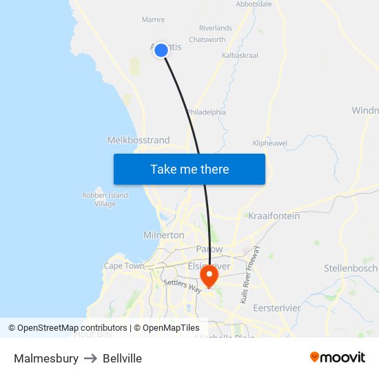 Malmesbury to Bellville map