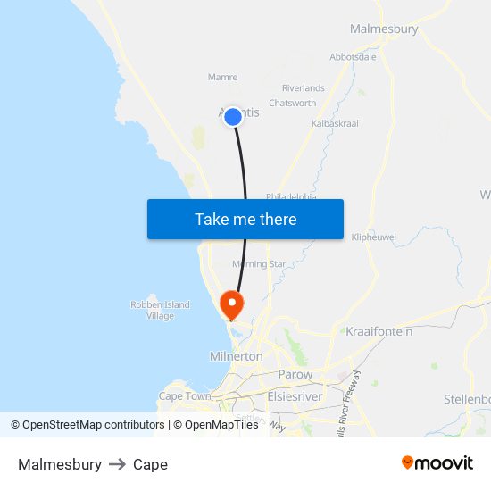 Malmesbury to Cape map