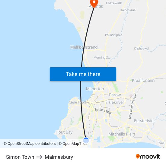 Simon Town to Malmesbury map