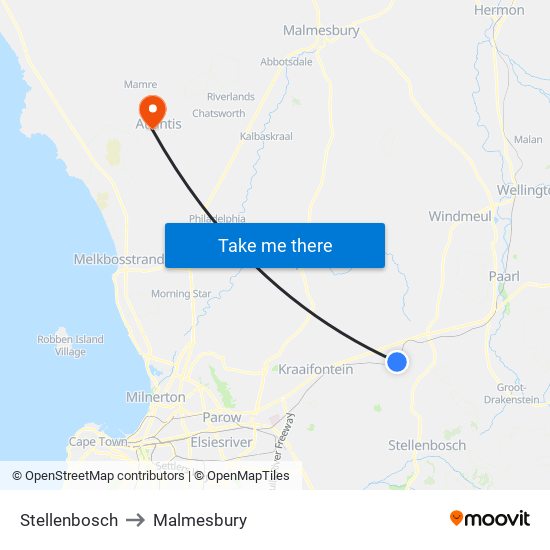 Stellenbosch to Malmesbury map