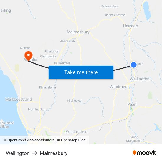 Wellington to Malmesbury map